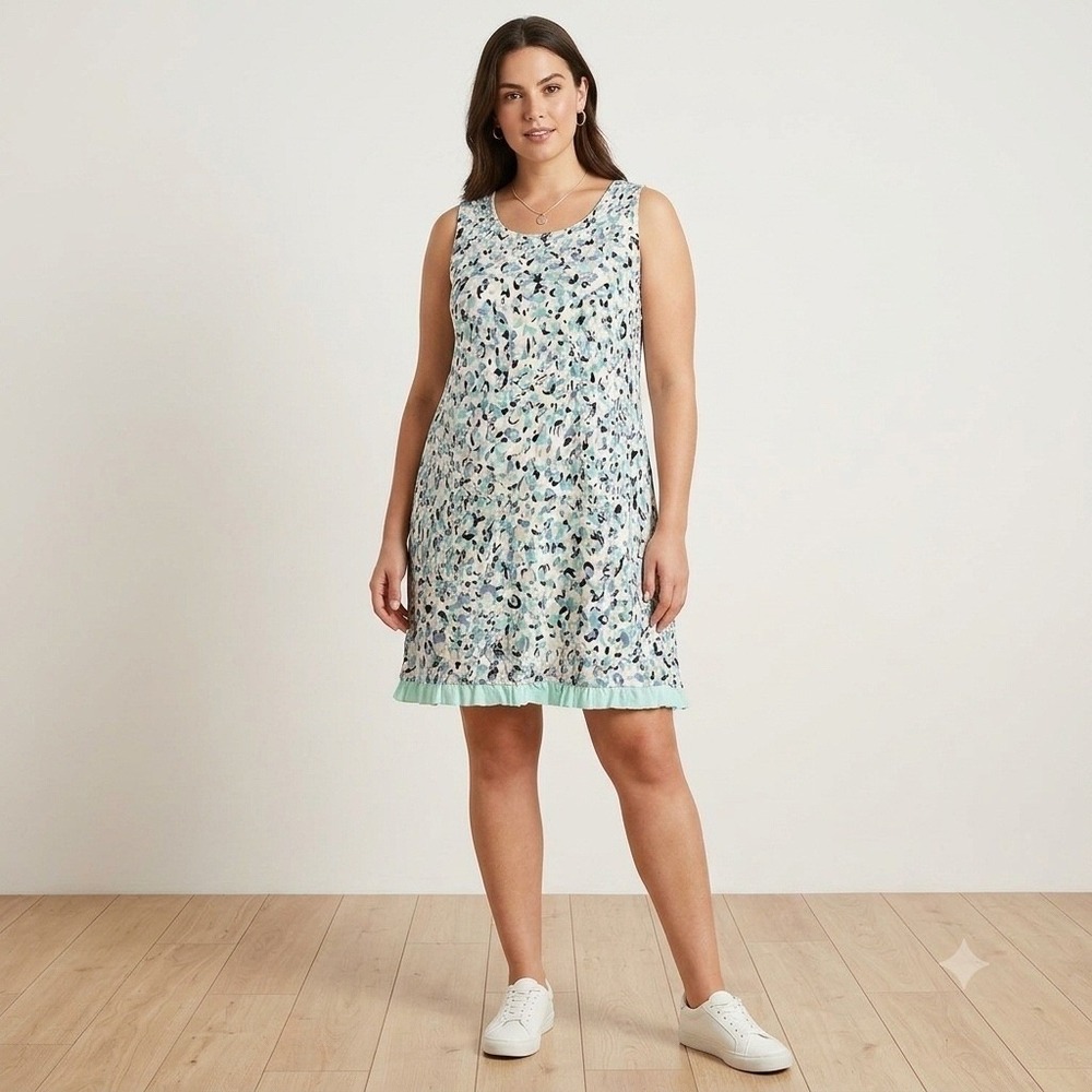 LOGO Layers Sleeveless Shift Dress Large Blue Abstract Leopard Ruffle Hem Casual